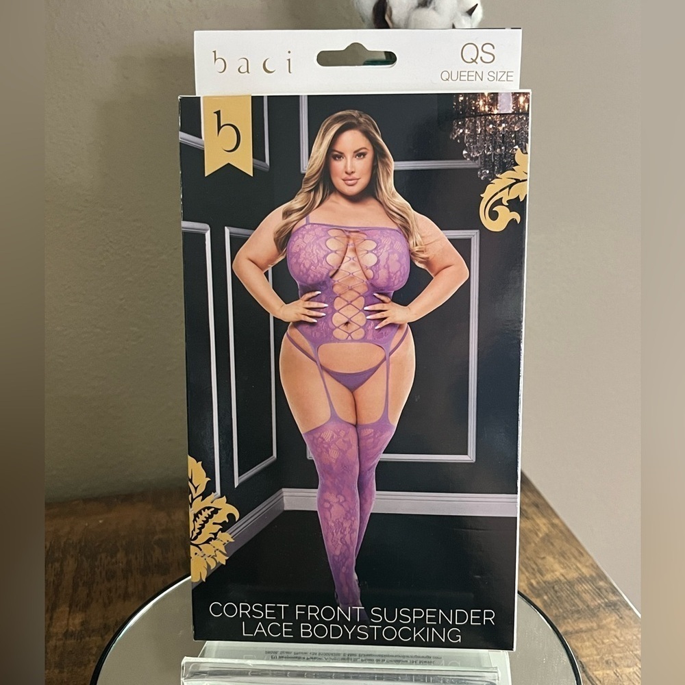 Baci Corset Front Suspender Lace Bodystocking Lingerie in purple, new!